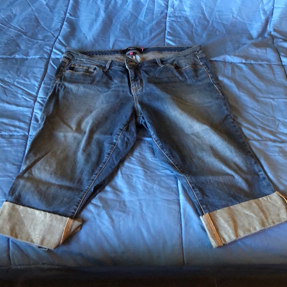 Faded Denim Capris, sparkle cuff detailing.